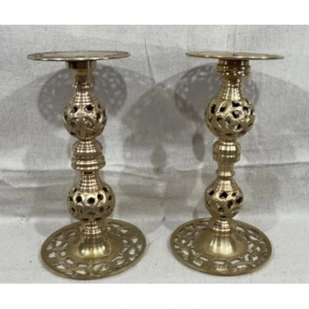 Vintage Brass Openwork Lattice Candlestick Holders Ornate Pierced Set of 2 9in